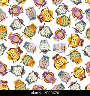 Cartoon seamless pattern of colorful owls on tree branches with ornamental striped and spotted feathering, lush eyebrows and glasses. Great for educat Stock Vector