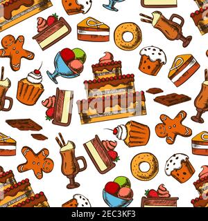 Chocolate treats seamless pattern background of delicious tiered cakes and cupcakes with fruits and cream, glazed raisin muffins and donuts, sundae ic Stock Vector