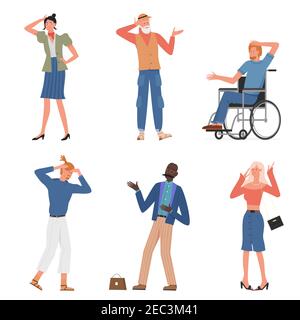 Sad people in stress and frustration vector illustration set. Cartoon discouraged unhappy stressed adult characters collection, man woman showing frustrated gestures, mental problem isolated on white Stock Vector