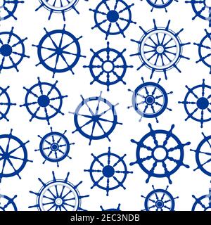Retro marine helms background for nautical theme or scrapbook page backdrop design with blue seamless pattern of boats wheels with decorative wooden s Stock Vector