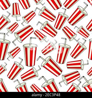 Traditional striped paper cups of sweet soda with drinking straws seamless pattern background with disposable cups of fast food soft drink with red an Stock Vector