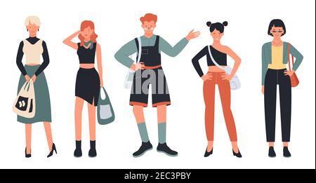 People stand in row vector illustration set. Cartoon young man and woman characters standing, holding shopping bag or trendy handbag, wearing stylish and elegant casual clothes isolated on white Stock Vector