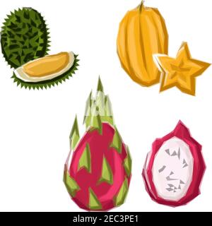 Vivid geometric asian tropical fruits in low poly style. Whole and halves polygonal yellow star fruit, pink dragon fruit and green durian fruits. Grea Stock Vector