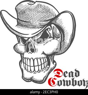 Dead cowboy sketch symbol with baring teeth old human skull in felt hat. Great for tattoo, t-shirt print or halloween mascot design usage Stock Vector