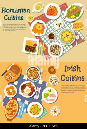 Irish stew and romanian mamaliga dishes served with grilled meat and fish, pancakes and full breakfast, cabbage rolls and corned beef, brussel sprouts Stock Vector