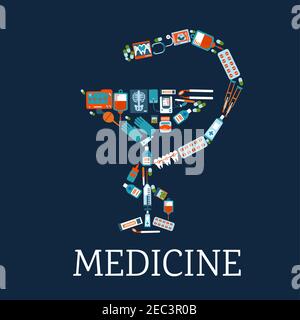 Medicine and pharmacy symbol with bowl of hygeia silhouette composed of flat icons of medicines, stethoscope and blood bags, dentist instruments and t Stock Vector