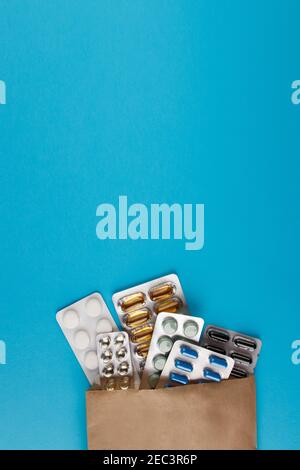 Different medicines: tablets, pills in blister pack, medications drugs, macro, copy space Stock Photo
