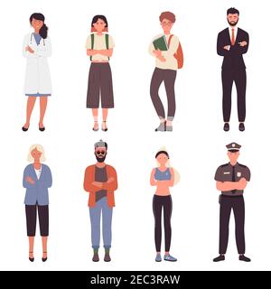 People crossed arms vector illustration set. Cartoon young man woman characters of different profession standing, businessman policeman doctor student athlete crossing hands on chest isolated on white Stock Vector