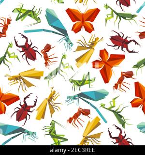 Seamless paper origami insects pattern background for nature theme design with colorful butterflies and ants, dragonflies, beetles and grasshoppers, m Stock Vector