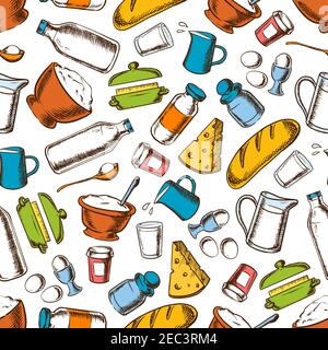 Cooking ingredients background for kitchen interior design with seamless retro pattern of eggs, cheese and breads, butter and sour cream, flour and su Stock Vector
