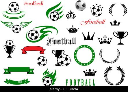 Football and soccer sporting items symbols for championship or club design usage with winged and flaming balls with champion trophy cups, heraldic lau Stock Vector