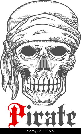 Creepy pirate sailor skull wearing bandana sketch icon with frightful leftovers of flesh on cheeks and under eyes. Great for marine adventure theme or Stock Vector