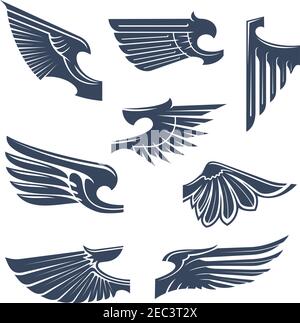 Medieval heraldry symbols of birds or mythical beasts wings with tribal stylized pointed feathering. Tattoo or coat of arms design elements Stock Vector