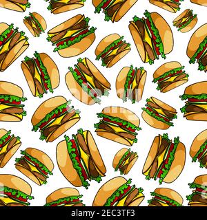 Seamless double cheeseburgers pattern background of fast food sandwiches with ground beef patty, fresh tomatoes, cucumbers and lettuce, slices of swis Stock Vector