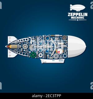 Mechanical silhouette of zeppelin airship symbol with modern gondola, rudder and envelope composed of propeller and turbine, gear wheels and bearings, Stock Vector