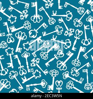 Ornamental ancient keys seamless pattern with white silhouettes of skeleton keys adorned by medieval victorian flourishes over pale blue background Stock Vector