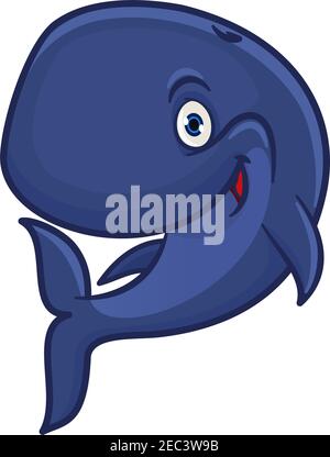 Joyful smiling blue sperm whale cartoon character for sea adventure hero or underwater wildlife mascot design with funny cachalot preparing for deep d Stock Vector
