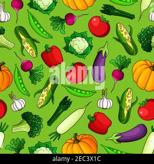 Seamless pattern of freshly harvested farm tomatoes and bell peppers, sweet corn cobs and pumpkins, green peas, broccoli and asparagus, ripe eggplants Stock Vector