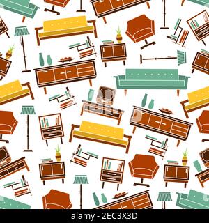 Living room furniture and interior accessories background with seamless pattern of retro couches, armchairs and chests of drawers, shelves and bedside Stock Vector