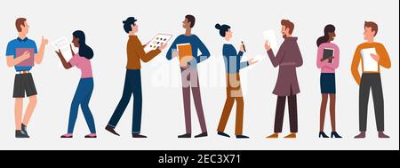 People stand in row vector illustration set. Cartoon young man and woman characters standing and talking, office workers holding paper documents and books, discussing work tasks isolated on white Stock Vector