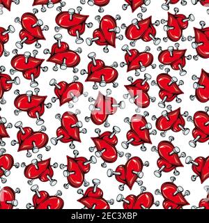 Bright cartoon seamless broken hearts pattern background for unhappy love theme or heart attack and health care concept design with red hearts punctur Stock Vector