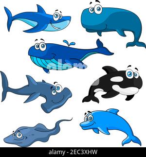 Funny smiling sea animals with cartoon characters of blue, bowhead and killer whales, reef and hammerhead sharks, happy dolphin and stingray. Underwat Stock Vector