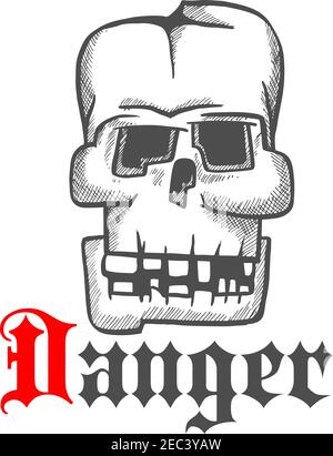 Square skull icon for tattoo or jewelry design usage with old human cranium with broken down teeth and cracked frontal bone. Vintage engraving stylize Stock Vector