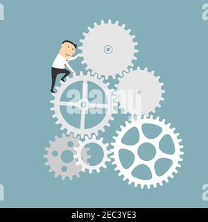 Business process and financial mechanism concept design. Businessman is turning a gear system. Cartoon style Stock Vector