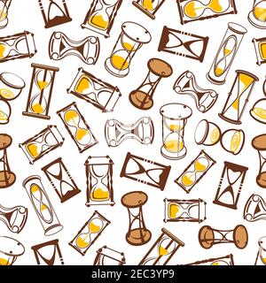 Flow of time background for time concept design with seamless pattern of abstract modern hourglasses and vintage wooden sandglasses with brown and yel Stock Vector