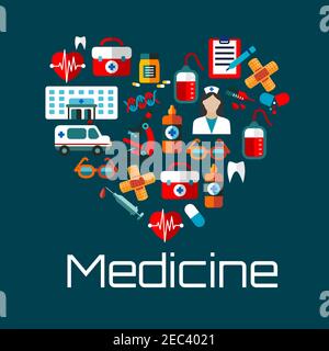 Healthy heart symbol for health care concept or medical services design with flat icons of doctor, hospital and ambulance, blood bags, hearts, pills, Stock Vector