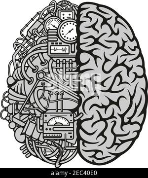 Human machine brain symbol with detailed illustration of combined human brain with automatic computing engine equipments. Great for computer technolog Stock Vector