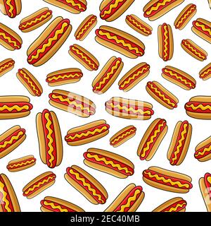 Fresh grilled hot dogs seamless pattern background for fast food cafe or street food design with wheat buns filled with sausages and spicy mustard sau Stock Vector