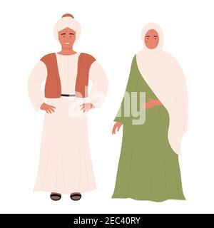 Muslim family or couple people vector illustration. Cartoon arab flat young man woman, arabian husband and wife standing together, saudi characters wearing traditional clothes isolated on white Stock Vector