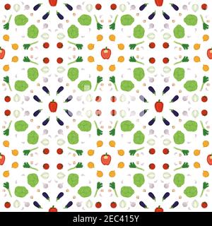 Vegetable geometric seamless pattern. Tomato cabbage lettuce garlic onion pepper. Fabric print texture. Creative colorful decoration. Healthy food bac Stock Vector