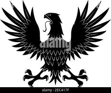 King of heaven medieval heraldic symbol of black eagle in defensive posture, showing talons with raised wings. May be use as tattoo or t-shirt print d Stock Vector