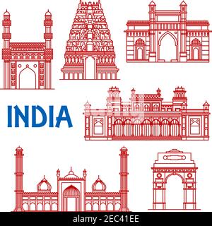 Popular indian architecture landmarks icon with red thin line symbols of India Gate and Meenakshi temple, Gateway of India and Jama Masjid mosque, Cha Stock Vector