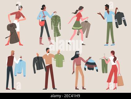 People with clothes hanger vector illustration set. Cartoon young man and woman characters standing, holding hanging dress or jacket, choosing between two clothing during shopping in store or home Stock Vector