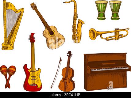 Retro colored sketches of saxophone and trumpet, acoustic and electric guitars, violin, piano and harp, african conga drums and mexican maracas. Ethni Stock Vector