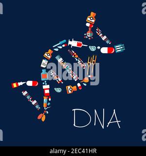 Decorative model of DNA helix icon with flat symbols of pills, capsules, syringes and medicine bottles, test tubes and laboratory flasks, lungs and ce Stock Vector