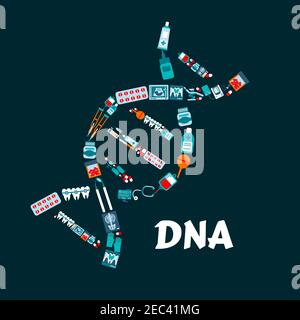 DNA helix symbol for healthcare and science theme design with pills and stethoscope, medicines and blood bags, dentist chair, tools and teeth with bra Stock Vector