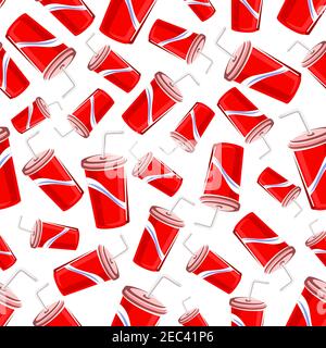 Sweet soda drinks seamless background with cartoon pattern of takeaway red paper cups of fast food soft beverages, decorated by blue and white wavy li Stock Vector