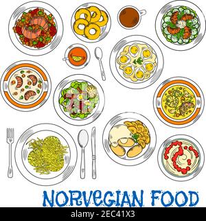Traditional norwegian smoked salmon sketch icon served with vegetable salads, stews and soups, egg salad, parsnip pancakes latkes and potato with turn Stock Vector