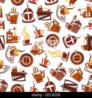 Retro coffee pots and manual grinders with steaming cups decorated by coffee beans seamless pattern in brown and yellow colors on white background. Ma Stock Vector