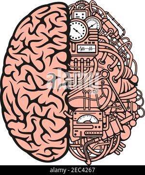 Robot brain symbol with mechanical equipments and gauges, connected by intricate system of tubes and cables. Artificial intelligence, creative mechani Stock Vector