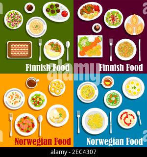 Seafood dishes of finnish and norwegian cuisine icon of salmon and herring served with boiled potatoes, vegetable salads, stews and soups, blood sausa Stock Vector