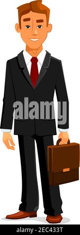 Handsome young cartoon businessman in elegant black suit with red tie is standing with leather briefcase in hand. Great for business people avatar and Stock Vector