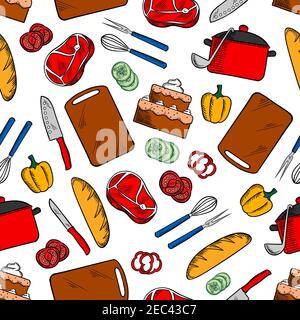 Cooking dinner colorful seamless background with sketch pattern of beef steaks and fresh vegetables, chocolate cakes and long loaves of bread, cutting Stock Vector