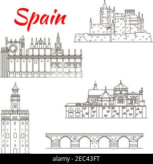 World architectural heritage of Spain linear icon of Fortress Alcazar, Roman bridge and Mosque-Cathedral of Cordoba, Cathedral and Golden Tower in Sev Stock Vector