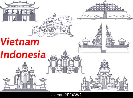 Ancient buddhist and hindu temples of Indonesia and Vietnam icons with Borobudur and Pura Pulaki Temples, Pura Besakih, Tanah Lot, Rambut Siwi and Pet Stock Vector