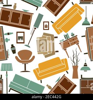 Seamless household furniture flat pattern for interior design usage with comfortable leather sofas and couches, high stools and retro armchairs, chest Stock Vector